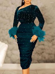 Plus Size Dresses Women Velvet Dress Shiny Sequined Feather Formal Occasion Party Long Sleeves Skew Collar Bodycon Celebrate Event 4XL