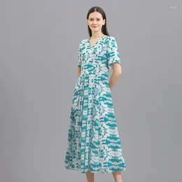 Party Dresses Silk Print Jacquard Deep Sea Azure Blue V-neck Short-sleeved Bumper Stitching Asymmetric Pleated Swing Dress Vestidos AE1238