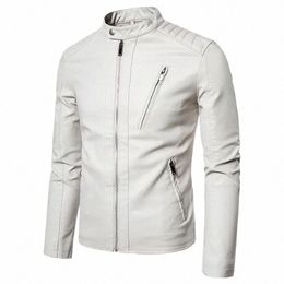 spring Autumn Men's Motorcycle Leather Jacket Solid Stand Collar Jackets Fi Casual Trend White Windproof Coat Streetwear U6E4#