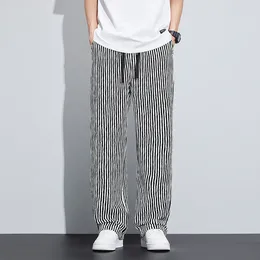 Men's Pants Spring Summer Stripe Casual Men Wear Loose Straight Wide Leg Drawstring Elastic Waist Pant Jogger Trousers Male Streetwear