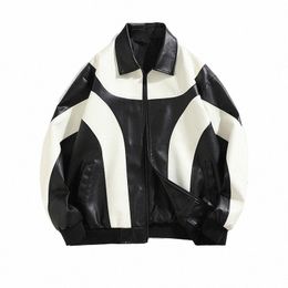 2023 Spring Splicing Ctrast Colours Men's Casual PU Leather Jacket Loose Neck Couple Jacket Vintage Motorcycle A9O2#