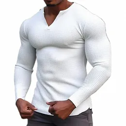 2023 Spring and Autumn Men's Casual Waffle T-shirt Clothing Fitn Muscle T-shirt Lg Sleeve Solid V-Neck Basic Breathable Top h3il#