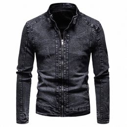 black Denim Jacket Men Motorcycle Jacket Spring Autumn Slim Fit Jackets Fi Casual Stand Collar Denim Coat Male S1js#