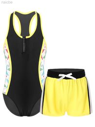 One-Pieces Kids Girls Swimsuit One Piece Sleeveless Bodysuit Swimsuit And Short Pants 2 Pcs Set for Children 4-16 Swimwear Bathing Suits 24327