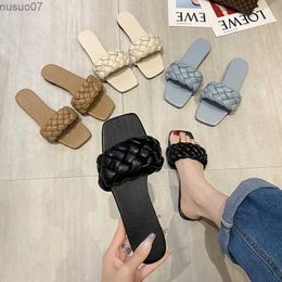 Sandals 2021 Vacation Beach Flat Sandals Womens Temperature Slide Knitted Design Charm Open Toe Set Casual Flip Womens ShoesL2403