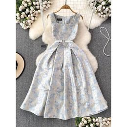 Basic Casual Dresses Summer Elegant Flower Jacquard Evening Party Dress Womens Sleevless Square Collar Tank Zipper Buttterfly Belt Pro Otwqd