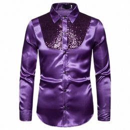 mens 70s Disco Costume Shirt Purple Sequins Lg Sleeve Butt Down Dr Shirts Men Party Stage Singer Prom Chemise Homme XXL v3FK#