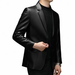 new Men's Fi Busin Casual Slim-fit Korean Leather Jacket Out Windproof Profial Wedding Solid Color Cowhide Blazer N4Br#