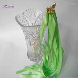 Party Decoration 50pcs/lot Green Stain Ribbon Wedding Stick Wands With Golden Bells For