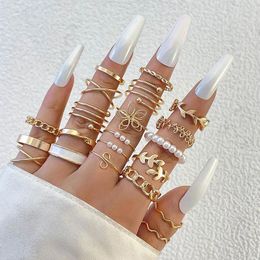 Cluster Rings Bohemian Flowers Cross Joint Ring Sets Oil Drip Leaf Pearl Stone Geometry Jewellery For Women Men Anillo 21pcs/sets 25304