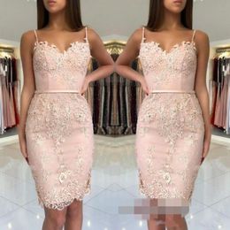 2020 Short Mini Blush Pink Homecoming Dresses Spaghetti Straps Sweetheart Lace Appliques Sheath Plus Size Party Graduation Cocktai2228018