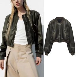 Women's Jackets Women Washed Gradient Leather Round Neck Long Sleeves Loose Jacket Zipper Short Coat Faux Bomber Locomotive PU Top
