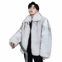winter New Artificial Fur Imitati Luxury clothing for Men's Blue Fox Whole Skin Youth Hooded Coat streetwear korean fi 50wk#