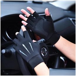 Cycling Gloves Sports Golf Ice Silk Riding Driving Two-Finger Fishing Non-Slip Fitness High-Elastic Traviolet Protection Drop Delivery Dhzse