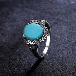 Cluster Rings Oval 9 11MM Natural Turquoise Ring 925 Sterling Silver Zircon For Women Gift Vintage Leaves Flowers Shaped Jewellery