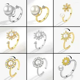 Cluster Rings Crystal And Pearl Anxiety Relief Spinning Ring For Women Copper Metal Rotate Freely Wedding Fidget Spinner Anillos