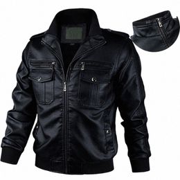 casual Vintage Faux Leather Jacket Men Zip Up Stand Collar Leahter Coat Men Autumn Winter Motorcycle Men's Jacket Multi-Pockets m0Em#