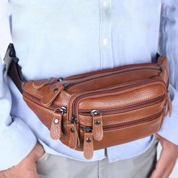 JCHENSJ Genuine Leather Mens Fanny Pack Waist Bag For Men Large Capacity Belt 7 Zipper Pocket Outdoor 240326