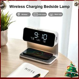 Table Clocks 3 In 1 Digital Calendar Alarm Clock Wireless Charging Pad With Bedroom Dimmable Lamp For