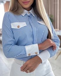 Women's Blouses Striped Buttoned Flap Detail Top 2024 Spring Contrast Paneled Turn-Down Collar Long Sleeve Shirt