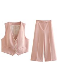 Willshela Women Fashion Two Piece Set Pink Tank Tops Straight Leg Pants Vintage VNeck Single Breasted Female Chic Suit 240327