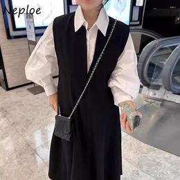 Casual Dresses Neploe Elegant Vintage V-neck Black Vest High Waist Straight Dress For Women 2024 Spring Sleeveless Vestidos Mujer