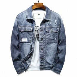 male Jean Coats Blue Ripped Men's Denim Jacket Wide Shoulders with Hole Menswear Clothing Cheap Price Stylish Fi of Fabric d1xt#