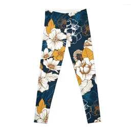 Active Pants Navy And Gold Peony Blossom Seamless Pattern Leggings Tight Fitting Woman Women's Fitness Women Sports Womens