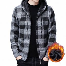 men Sweater Jacket Fi Winter Coat Fleece Hoodies High Quality Luxury Chequered Hooded Knit Cardigan Male Outer Wear g6va#