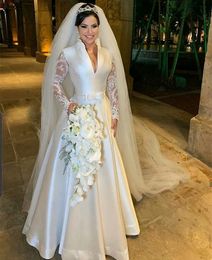 Simple White Satin A Line Wedding Dresses Deep V-Neck Lace Long Sleeves Empire Waist Floor Length Bridal Gowns Elegant Garden Bride Dress