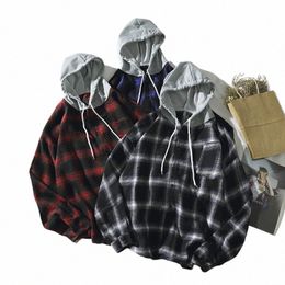 2023 New Fi Patchwork Plaid Shirt Men Casual Butt Down Blouse Lg Sleeve Hoodee Cott Dr Shirts Social Tops E103 R8CW#