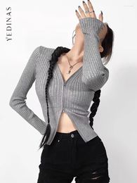 Women's T Shirts Yedinas Double Zipper Knitted Tops Long Sleeve V Neck Shirt Women Slim Sexy Korean Fashion Spring Tshirts Chic Tee Femme
