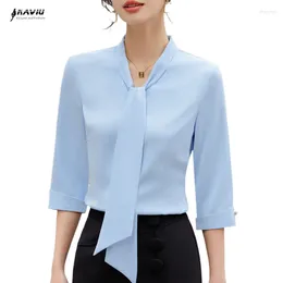 Women's Blouses NAVIU Formal Women Blue Half Sleeve Office Fashion Ladies Work Wear Shirt OL Style Bow Tie Elegant Tops White Red