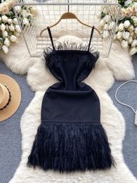 Casual Dresses Foamlina Women Elegant Black Spaghetti Strap Dress Sexy Faux Fur Patchwork Sleeveless Backless Tassels Hem Short Party