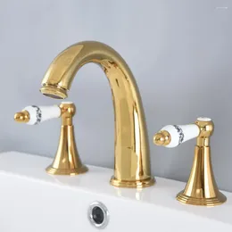 Bathroom Sink Faucets Basin Brass Faucet Gold Deck Mounted 3 Hole Double Handle And Cold Water Tap Lnf987