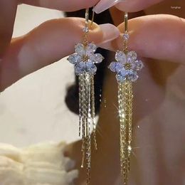 Dangle Earrings Fashion Trend White Zircon Crystal Flower Long Tassel Gold Color Ear Hook For Women Elegant Exquisite Temperament Girls