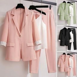 3 PcsSet Formal Women Business Outfit Elastic Waist Loose Blazer Suit Pants Vest Set Turndown Collar Lady 240327