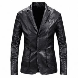 2024 Spring Autumn Fi New Men's Lapel Leather Dr Suit Coat / Male Busin Casual Pu Blazers Jacket r08I#