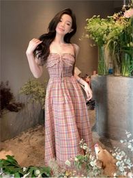 Casual Dresses 2024 Elegant Luxury Party Maxi Dress French Sexy Bra Long For Women Summer Fashion Plaid Print Evening Robe