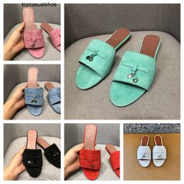 Loro Piano LP LorosPianasl Slides Charms Embellished Suede Slippers Luxe Sandals Shoes Pink Genuine Leather Open Toe Casual Flats for Women Luxury Designers Dhgate