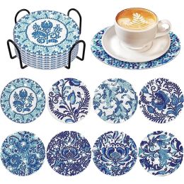 Stitch 8PCS 10cm/4in Diamond Painting Coasters Kits with Holder Blue Watercolor Diamond Art Coaster Drink Cup Cushion Home Decor