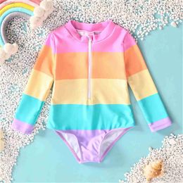 One-Pieces Toddler Girls Rainbow Striped One-Piece Swimsuit with Heart-Shaped Zipper Suitable for Summer Season Comfortable 24327
