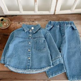 Clothing Sets Children's Denim Set Spring Suit 2024 Casual Boy's Jeans Solid Top Shirt Jean Pants Two-piece