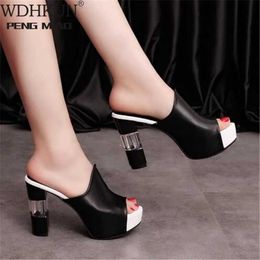 Slippers Slippers Ladies Leather Sole Women Sexy High Heel les Clogs Black Peep Toe Platform Emal Slip on Sandals Shoes H240327