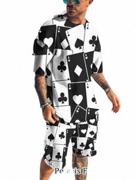 summer Black And White Poker Printed T Shirt Set Men Beach Short Sleeve Tracksuit Casual 2 Piece Outfits Male Sportwear r6fy#