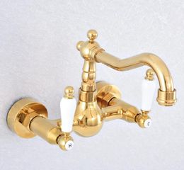 Bathroom Sink Faucets Gold Color Brass 360 Swivel Spout Basin Faucet Dual Handle Hole Kitchen Cold Water Mixer Tap Dsf607