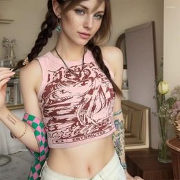 Women's Tanks Vintage Pink Short Tank Top Women Y2k Clothes Summer Sleeveless Vest Harajuku Fashion Knitted Print Graphic Crop Tops Woman