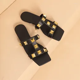 Slippers Special Offer Women'S Square Headed Flat Bottomed I-Shaped Metal Rivet Decoration Roman Style Casual Sandals