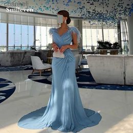 Urban Sexy Dresses Smileven Chiffon Sky Blue Feather Prom Dress Mermaid Formal Evening Gowns V Neck Saudi Arabia Wedding Party 2023 yq240327