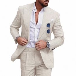 linen Suits for Men 2 Piece Good Quality Peak Lapel Double One Butt Outfits Casual Wedding Tuxedo Costume Homme Slim Fit 2023 n7BD#